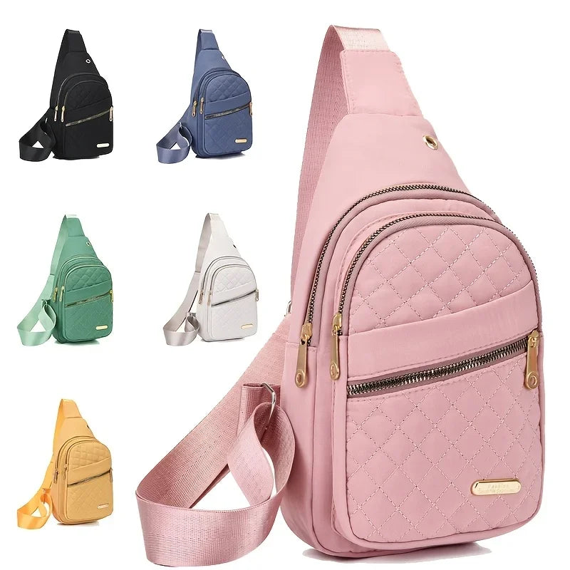 Neutral style backpack for men and women, with multiple color slanted fabric and nylon material. Suitable for travel.